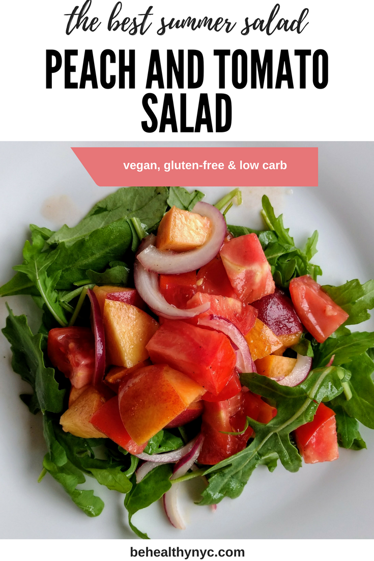 This arugula, tomato and peach salad is a perfect low-carb, low-calorie, and delicious way to enjoy summer. It is so healthy and easy to make!