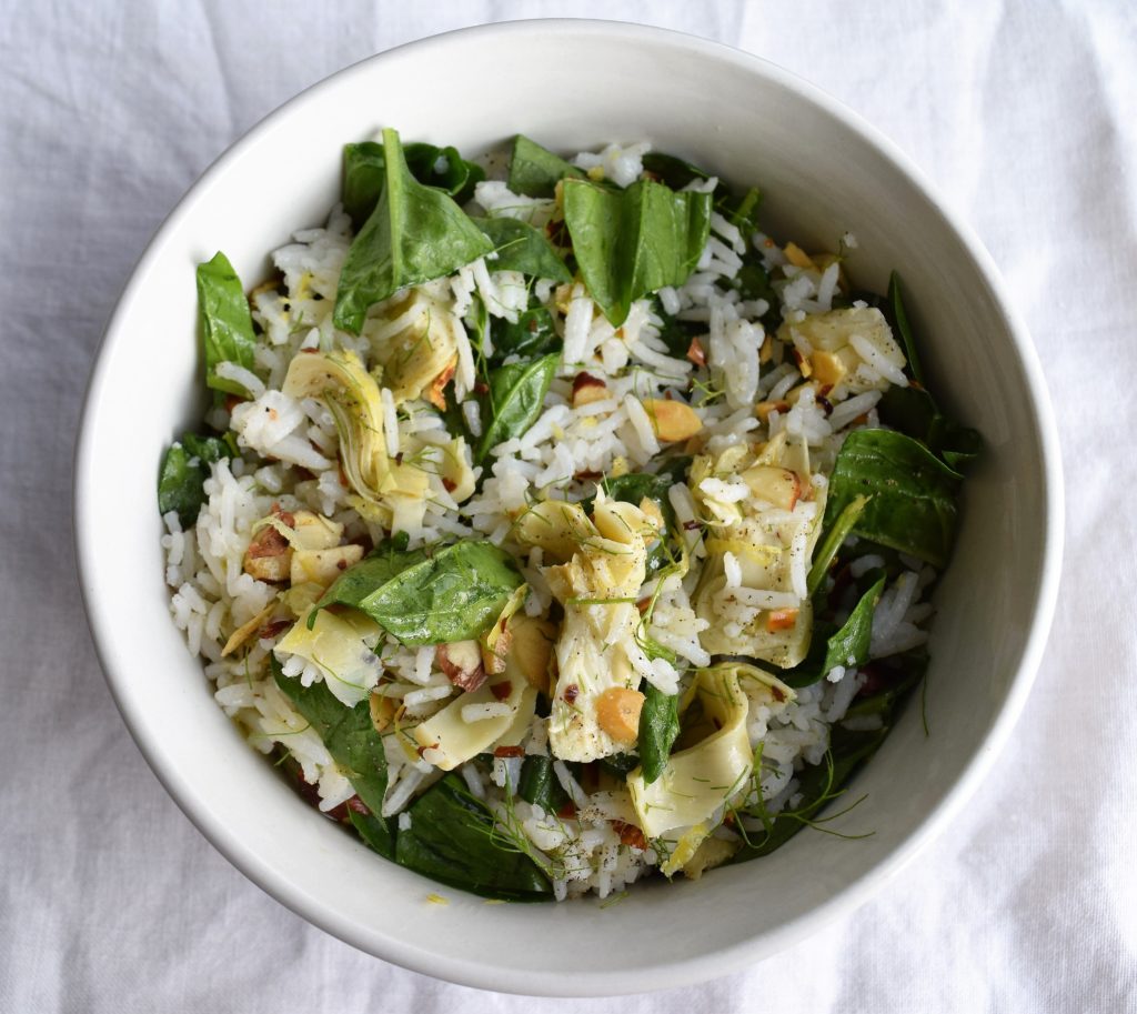 Vegan Almond Rice with Spinach and Artichokes