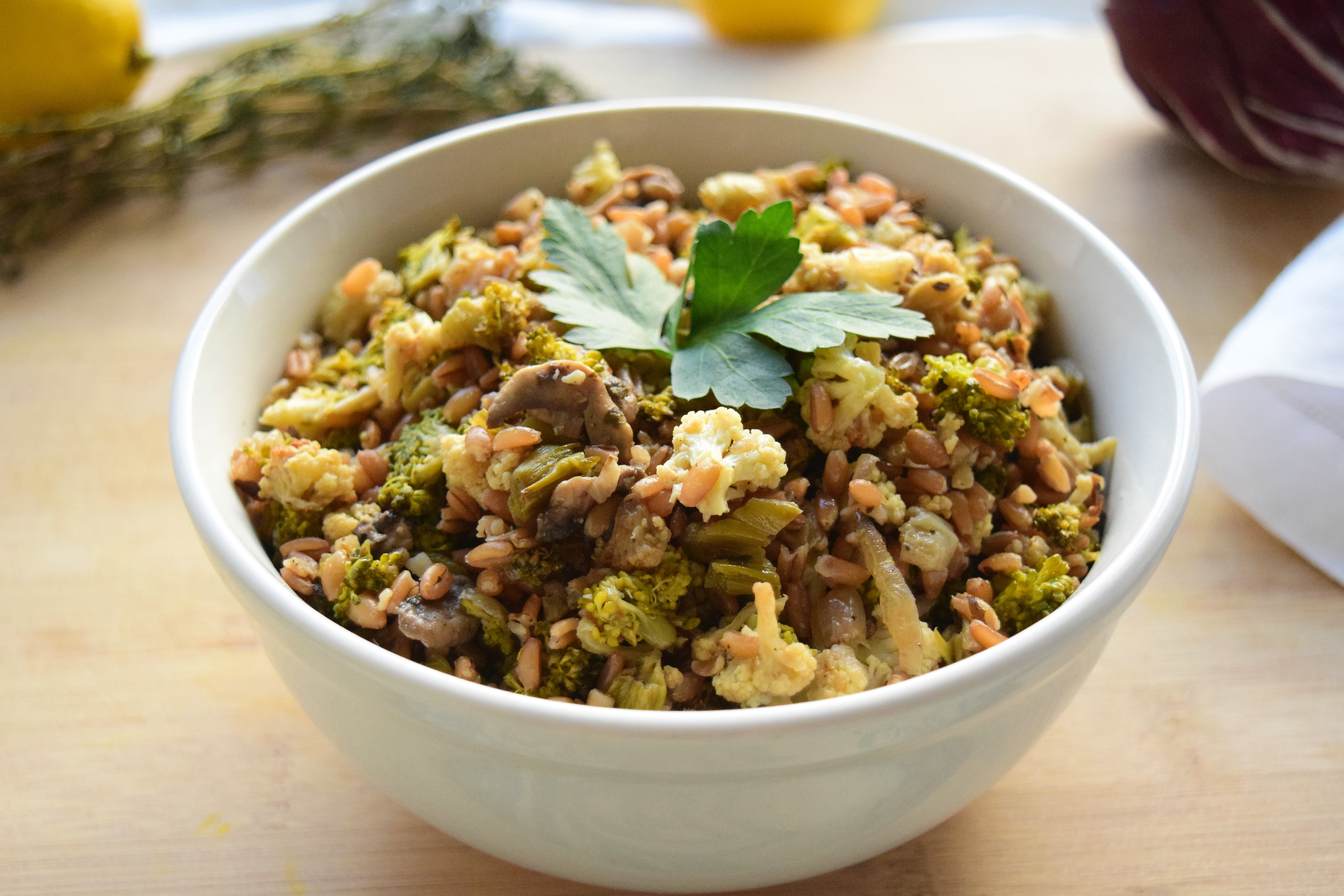 Easy Vegan Cauliflower and Mushroom Farro Salad