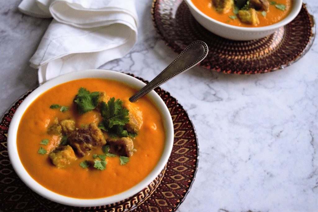 This healthy and gluten-free carrot-ginger soup with tofu is a great side option for vegans and vegetarians for any occasion.