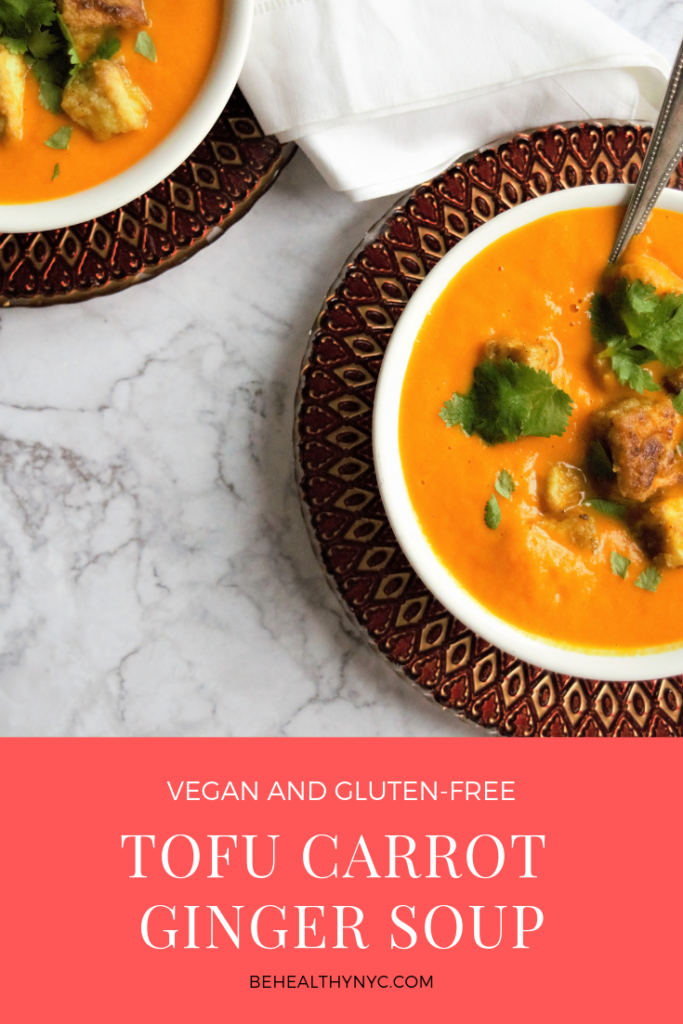 This healthy and gluten-free carrot-ginger soup with tofu is a great side option for vegans and vegetarians for any occasion.