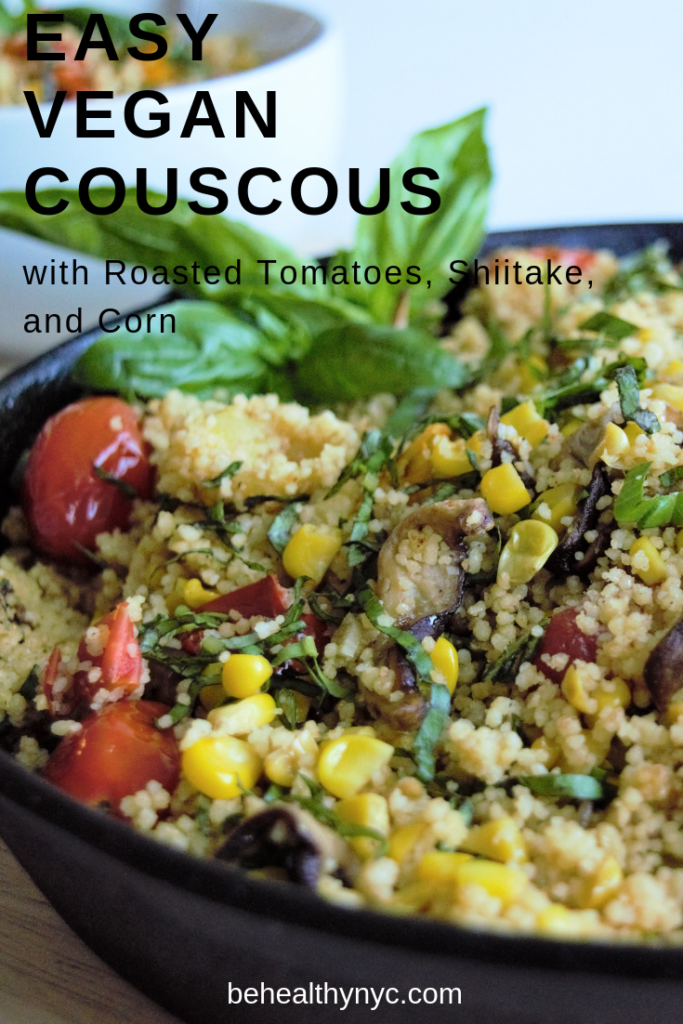 This easy vegan couscous with shiitake mushrooms, tomatoes and corn is a perfect summer dish for a picnic or potluck. Only a few ingredients!