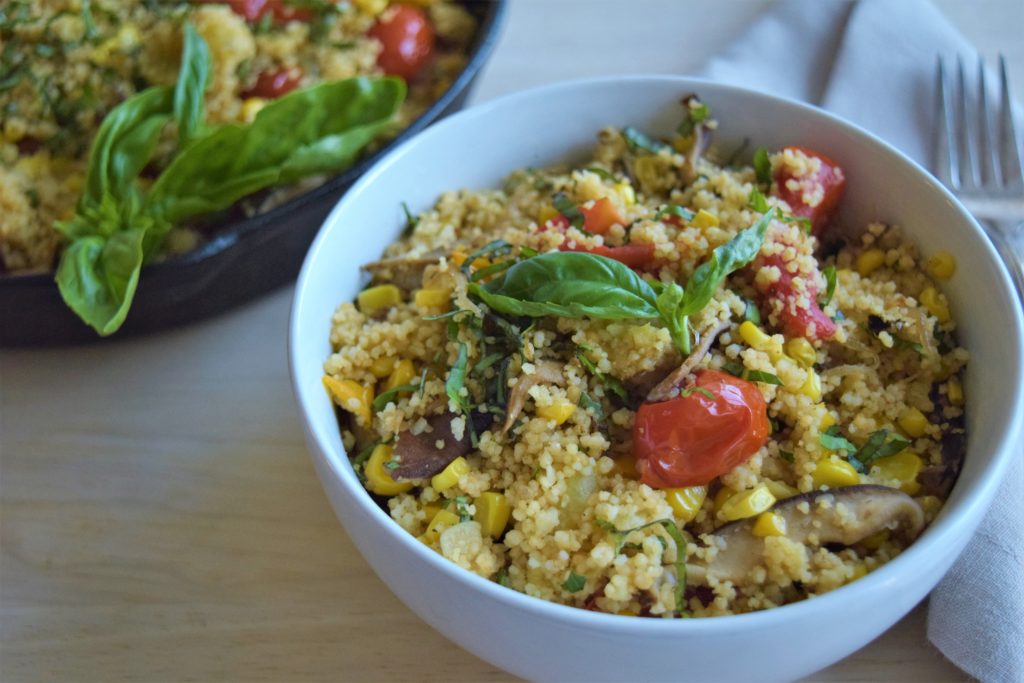 Vegan Couscous with Shiitake, Tomatoes, and Corn