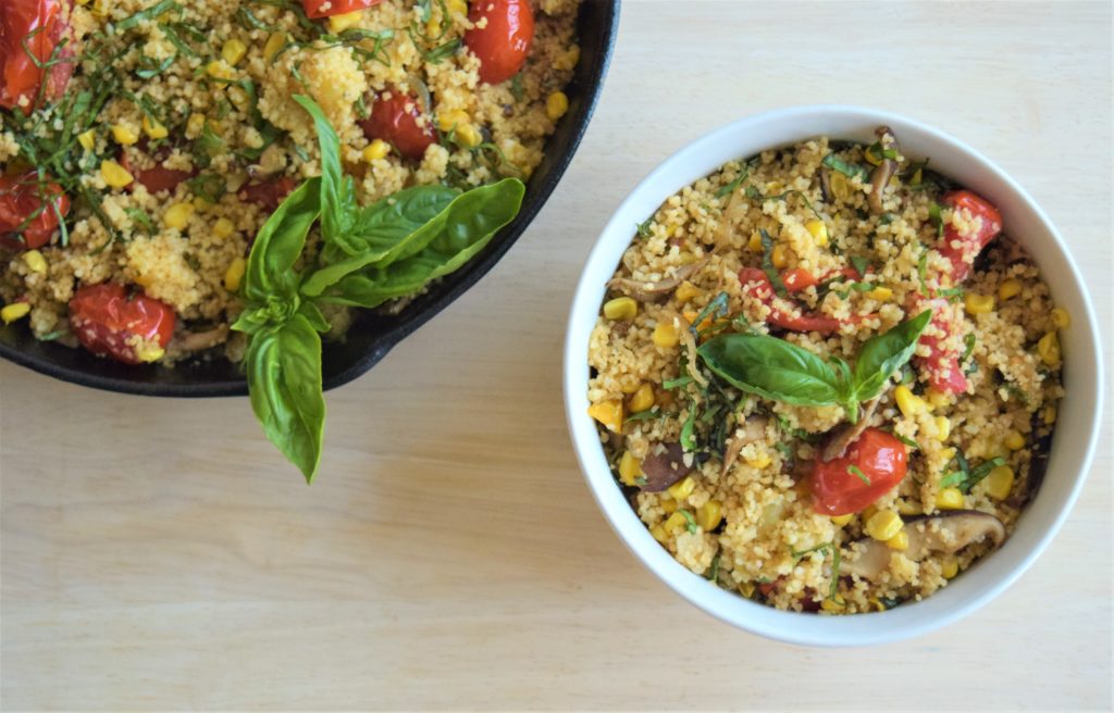 Vegan Couscous with Shiitake, Tomatoes, and Corn