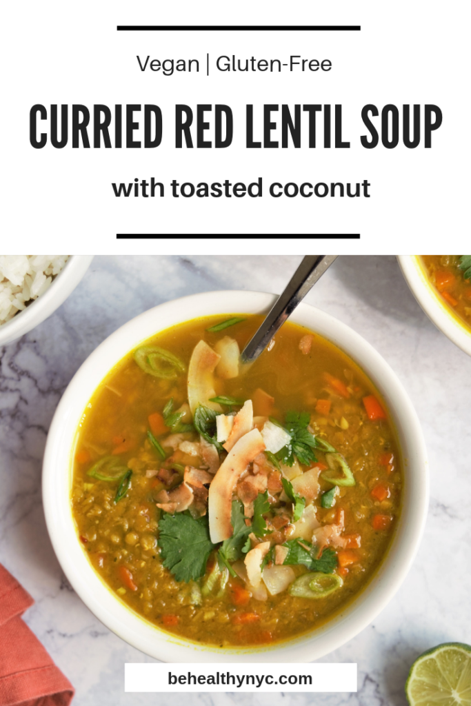 A warm, spiced, and perfect weekend dish. This healthy vegan curried red lentil soup with toasted coconut is high in protein and low in carbs.