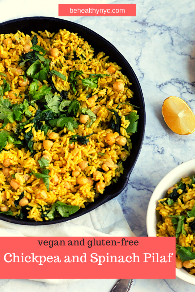 This simple and easy one-pot chickpea and spinach rice pilaf makes a warming lunch or a scrumptious side dish. 