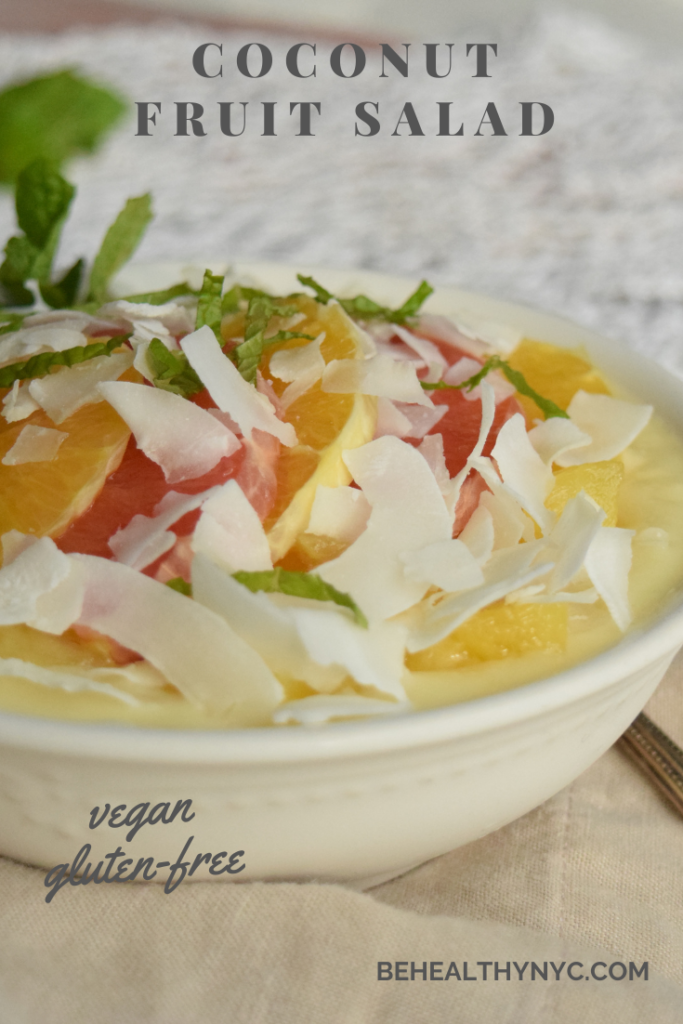 Delicious fruit salad with coconut, oranges, grapefruit, and homemade vegan vanilla pudding. A perfect marriage of flavors.